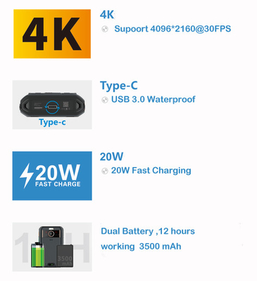 5G NR/SA Thermal Imaging Camera del corpo 4K HD 3500mah Doppia batteria EIS 4G 64GB 3,1 pollici LCD