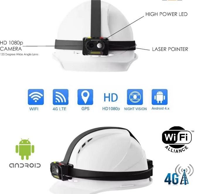 Batteria 4000mAh incorporata in Live Video Two Way Talk Hardhat con Cap Lamp Spotlight e supporto alla funzione GPS